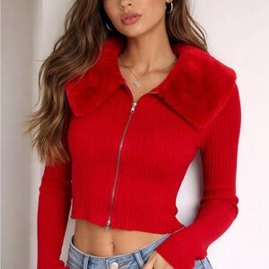 Red Ribbed Zip-Up Jacket with Faux Fur Collar